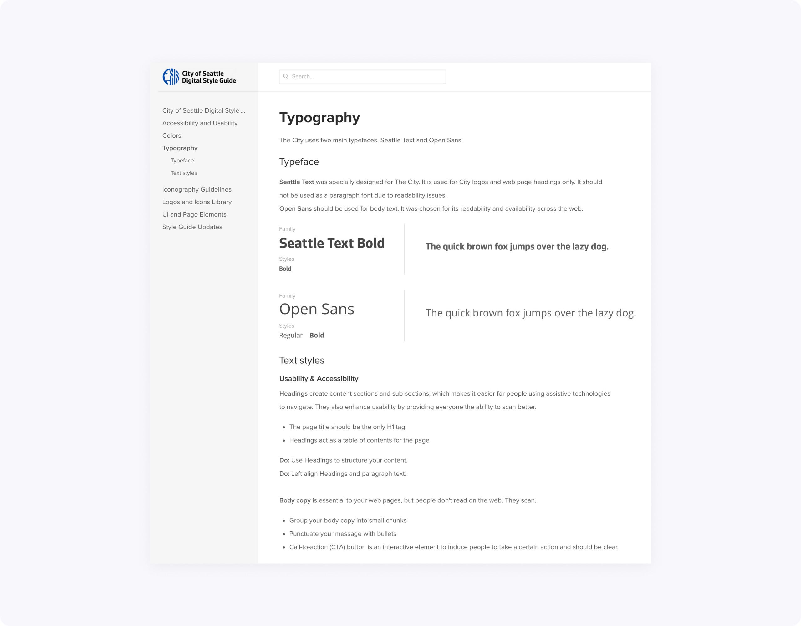screenshot of the typography and icons page